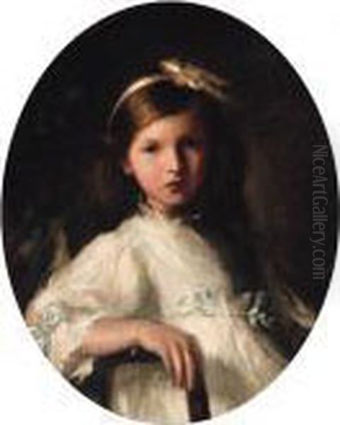 Portrait Of A Young Girl,
Half-length, Wearing A White Dress Andwearing A Ribbon In Her Hair - view 1