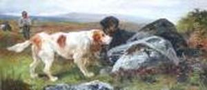 Hunting Dogs Watching A Nest By A Rock In A Moorland Landscape by Thomas Blinks