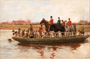 The York And Ainsty Hounds On The Ferry At Newby by Thomas Blinks