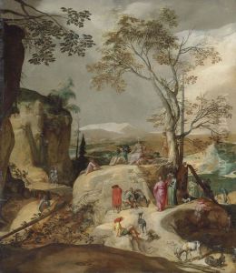 The Sermon On The Mount, A Rocky Landscape Beyond by Abraham Bloemaert