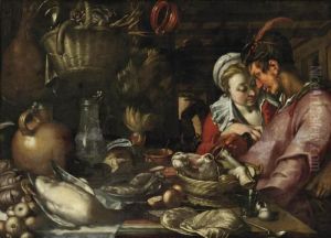 A Kitchen Still Life With A
Couple Standing Beside A Table With Anelaborate Display Of Meat, Fish,
Vegetables And Fruit by Abraham Bloemaert