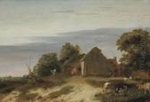 A Pastoral Landscape With Figures Milking Cows In A Farmhouse Yard by Abraham Bloemaert