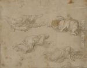 Etude De Quatre Figures Drapees Allongees