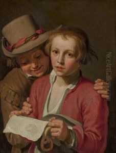 Two Boys Singing From A Sheet Of Paper by Abraham Bloemaert