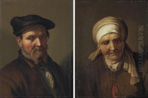 An Elderly Man, Bust-length, In A
Brown Coat And Hat; And An Elderly Woman, Bust-length, In A Brown Coat
And Headscarf by Abraham Bloemaert