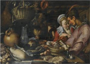 An Elaborate Kitchen Still Life 
With A Couple Standing Beside Atable With A Basket With An Ox Head And 
Feet, Fish On A Pewterplate, A Duck, Earthenware And Pewter Jugs, A 
Basket Withvegetables, A Cockerel Hanging From The Ceiling, In The 
Backgroun by Abraham Bloemaert
