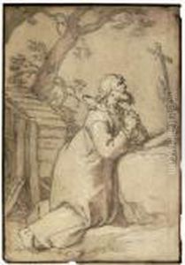 Saint Paul Of Phermae Kneeling In Prayer Before A Crucifix by Abraham Bloemaert