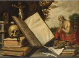 A Vanitas Still Life With 
Different Books, A Skull, A Crucifix And An Hour-glass, St. Jerome In 
The Background