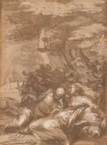 Un Couple De Paysans Dormant Sous Un Arbre Dans Un Paysage by Abraham Bloemaert