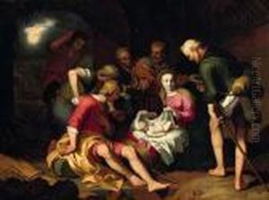 The Adoration Of The Shepherds With The Annunciation To Theshepherds Beyond by Abraham Bloemaert