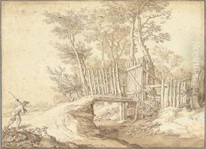 A Peasant Approaching A Bridge Over A Stream, A Wood Beyond by Abraham Bloemaert