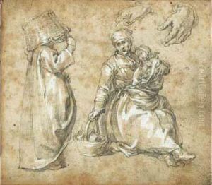 Une Paysanne Portant Un Enfant, 
L'autre Tenant Un Panier Sur Sa Tete ; Etude De Mains (recto) by Abraham Bloemaert