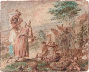 A Group Of Peasants, With A Farm Behind by Abraham Bloemaert
