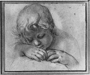 The Head Of A Putto Looking 
Down, His Head On His Hands (recto);studies Of An Arm And Hand (verso)