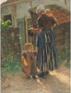 Mother And Her Children At The Garden Gate by Bernardus Johannes Blommers