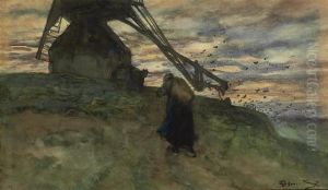 A Windmill At Sunset by Bernardus Johannes Blommers