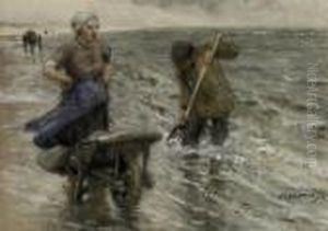 Shell-fishers In The Surf by Bernardus Johannes Blommers