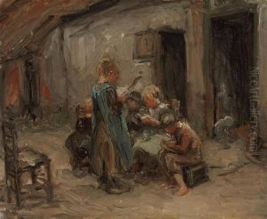 Children Reading In A Farmyard Children Reading In A Farmyard