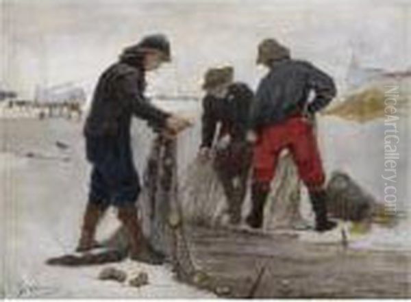 Fishermen Mending The Nets On Scheveningen Beach by Bernardus Johannes Blommers