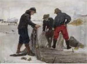 Fishermen Mending The Nets On Scheveningen Beach