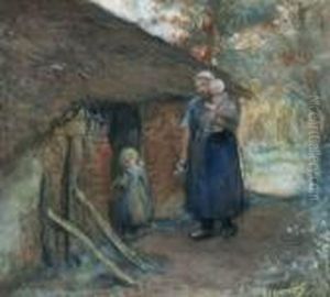 Moeder Met Kindjes Bij De Schuur by Bernardus Johannes Blommers
