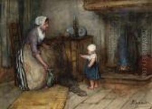 A Mother With Child By A Fireplace by Bernardus Johannes Blommers