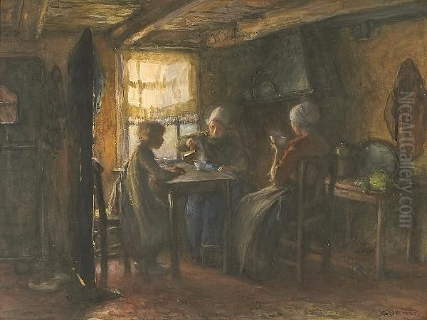 A Cottage Interior With Figures Around A Table - view 1