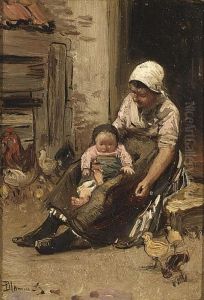 Mother And Child On The Doorstep by Bernardus Johannes Blommers