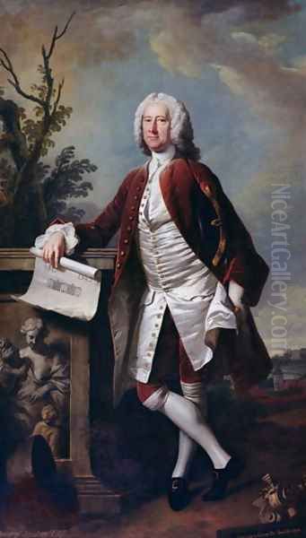 Portrait of Theodore Jacobsen architect of the Foundling Hospital shown holding a drawing of the West Front - view 1