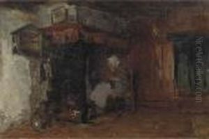 Knitting By The Fire by Bernardus Johannes Blommers