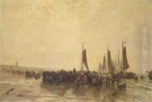 Vischverkoop Op Het Strand; On The Beach by Bernardus Johannes Blommers