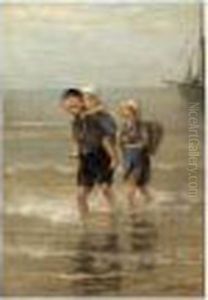Children At The Beach by Bernardus Johannes Blommers
