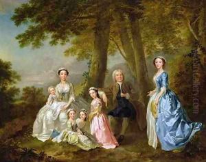Samuel Richardson seated with his second family