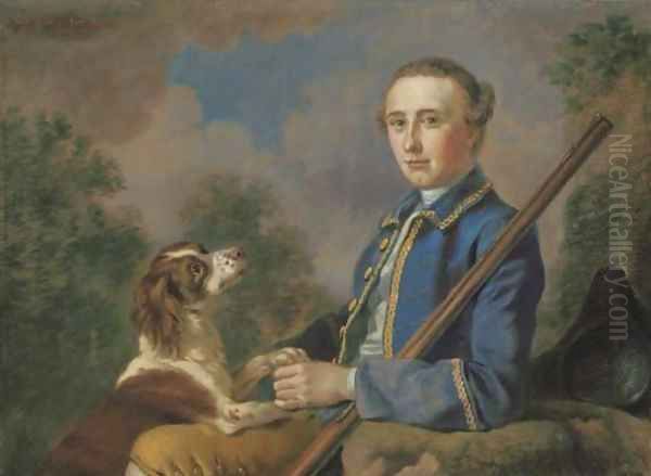 Portrait of Sir Henry Paulet St. John, Bt., three-quarter-length, seated in a landscape with his gun and spaniel - view 1