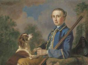 Portrait of Sir Henry Paulet St. John, Bt., three-quarter-length, seated in a landscape with his gun and spaniel
