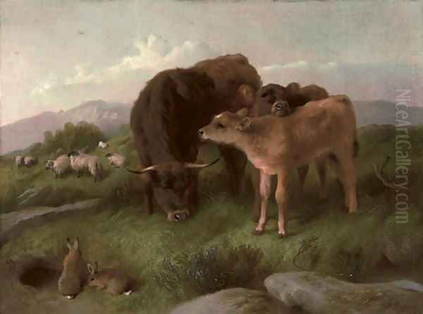 Cattle, sheep and rabbits on a hillside - view 1