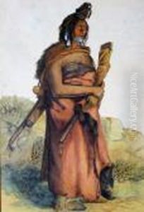 Bodmer, 'standing Nativeamerican', Watercolor T1cp9 by Karl Bodmer