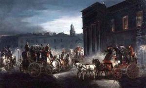 The Edinburgh Mail Coach and Other Coaches in a Lamplit Street by Charles Cooper Henderson