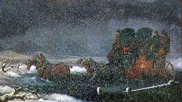 A Stagecoach Fording a Stream in a Snowstorm - view 1