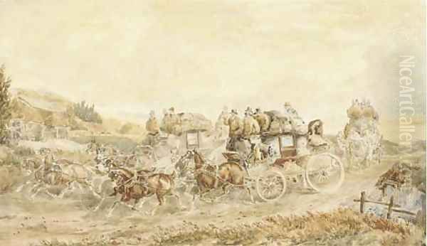 Two opposition coaches passing at speed - view 1
