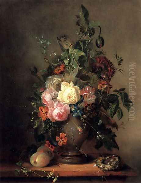 Roses, Morning Glory, Poppies and Tulips with Peaches anda Bird's Nest on a wooden Ledge - view 1