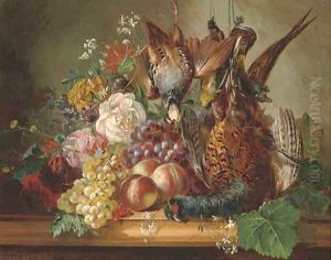 Game, fruit and flowers on a marble ledge by Francois-Joseph Huygens