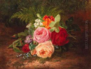 A flower still life with roses, forget-me-nots and indian cress by Francois-Joseph Huygens