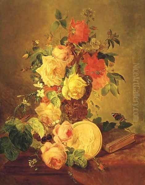 Butterflies by a mixed bouquet with roses - view 1