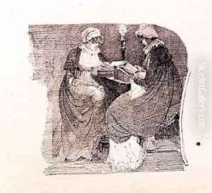 Two women reading by lamplight by John Harden