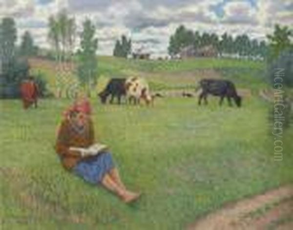 Young Girl Reading In A Meadow - view 1