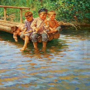 Four Boys Fishing At A Riverside, Summer