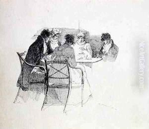 Group gathered round a table by John Harden