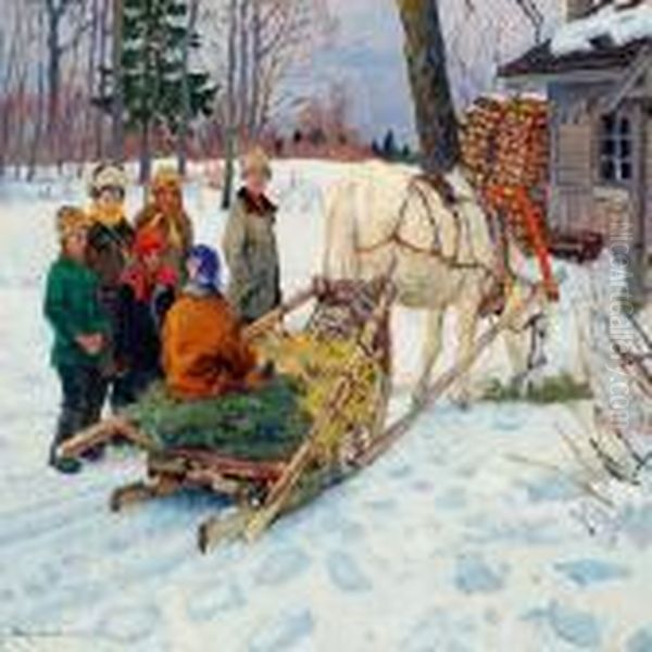 Wintry Scene With Children By A Sledge - view 1
