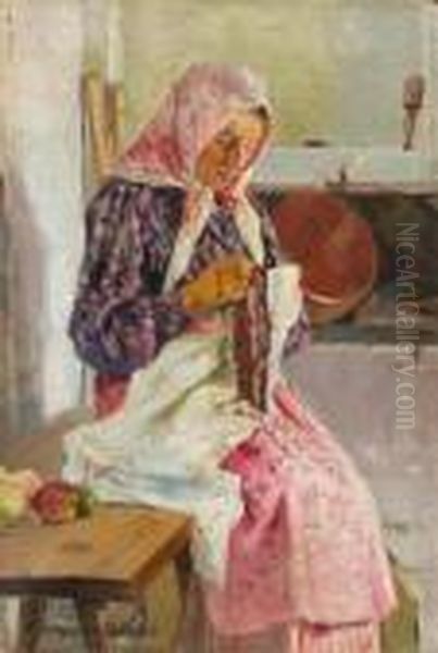 Woman With Headscarf Embroidering. - view 1